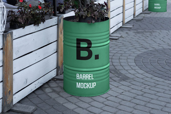 Front View of Barrel in Clean Street Mockup