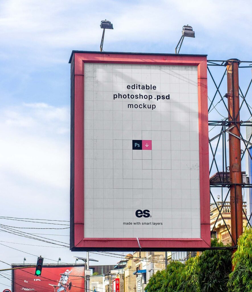Front View of Big Vertical Billboard Mockup with Metallic Frame
