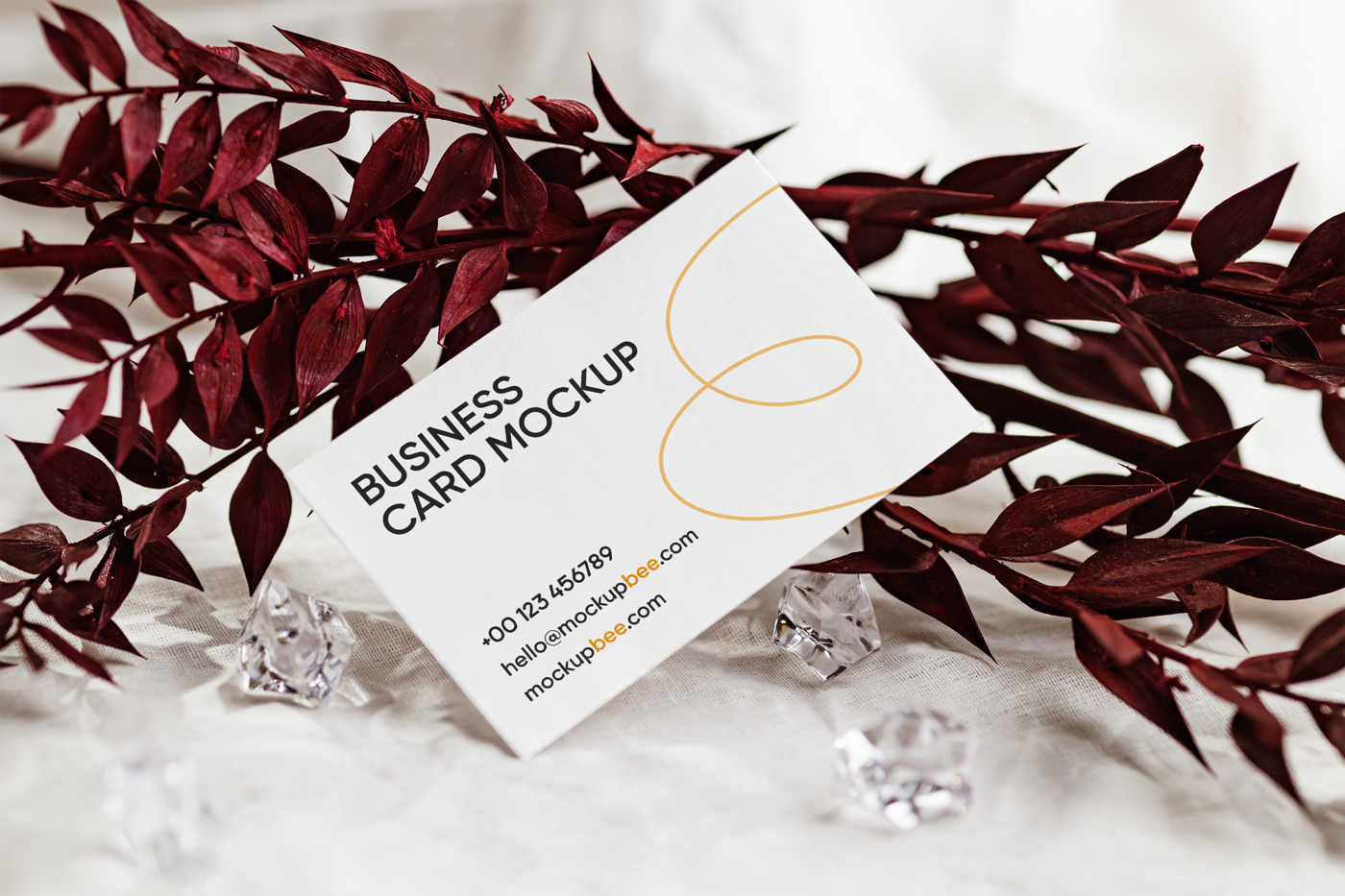 Front View of Business Card Mockup Standing at Angle with Leaf FREE PSD