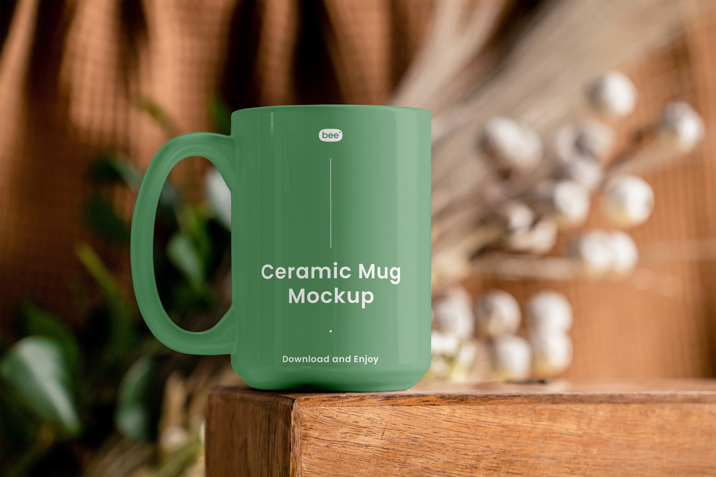 Front View of Ceramic Mug Mockup on Table FREE PSD