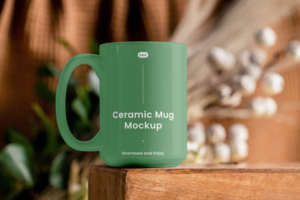 Front View of Ceramic Mug Mockup on Table