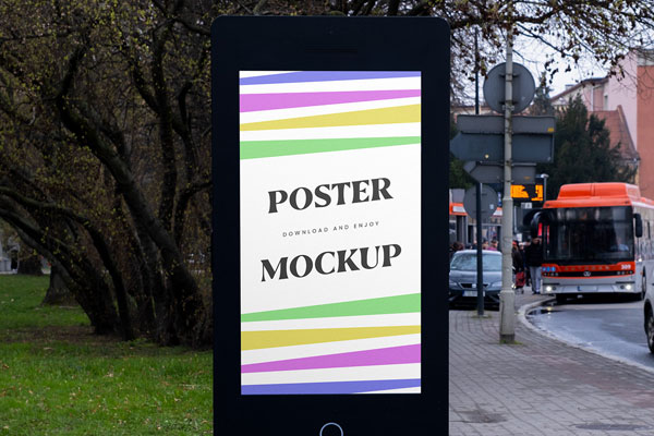 Front View of City Display Stand Mockup on Sidewalk