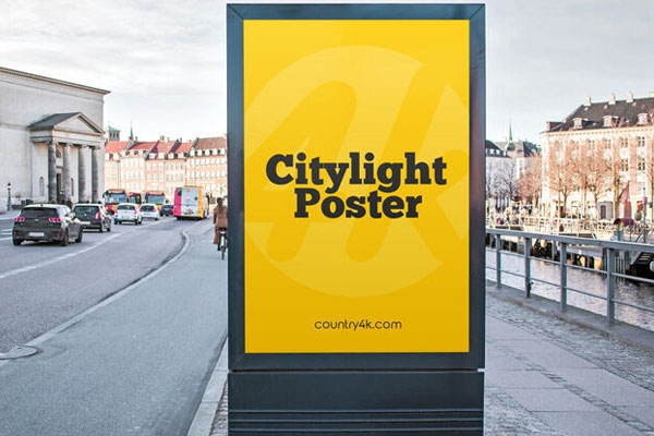Front View of City Light Poster in Street Setting Mockup