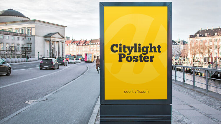 Front View of City Light Poster in Street Setting Mockup
