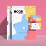 Front View of Standing Books with Business Cards Mockup