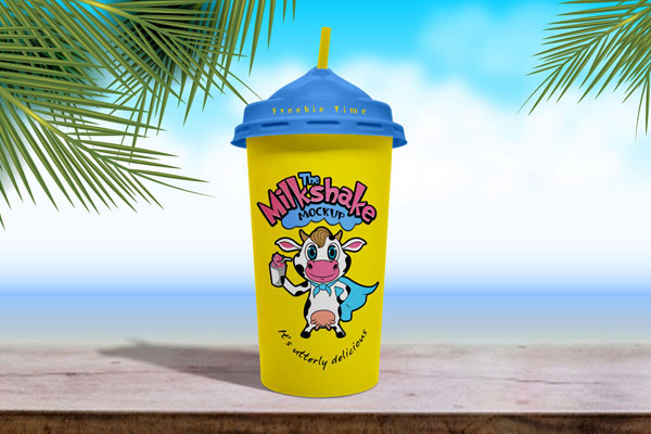 Front View of Disposable Milkshake Cup in Beach Setting Mockup
