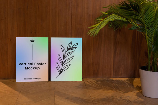 Front View of Double Vertical Poster Mockup on Wooden Setting