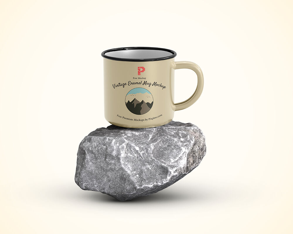 Front View of Enamel Mug on Piece of Rock Mockup