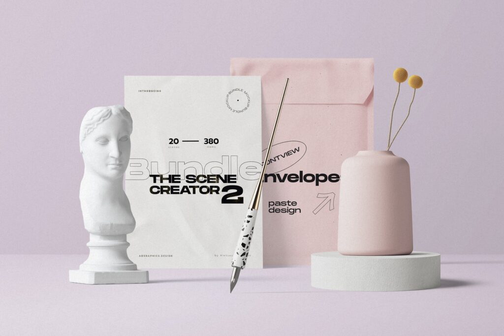 Front View of Envelope and Papers Mockup with Bust