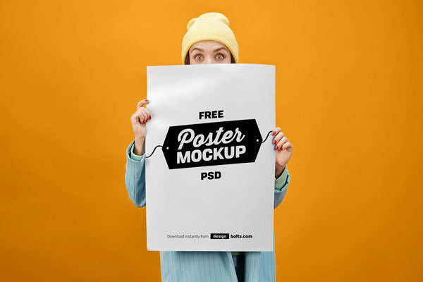 Front View of Female Holding Huge Poster Mockup