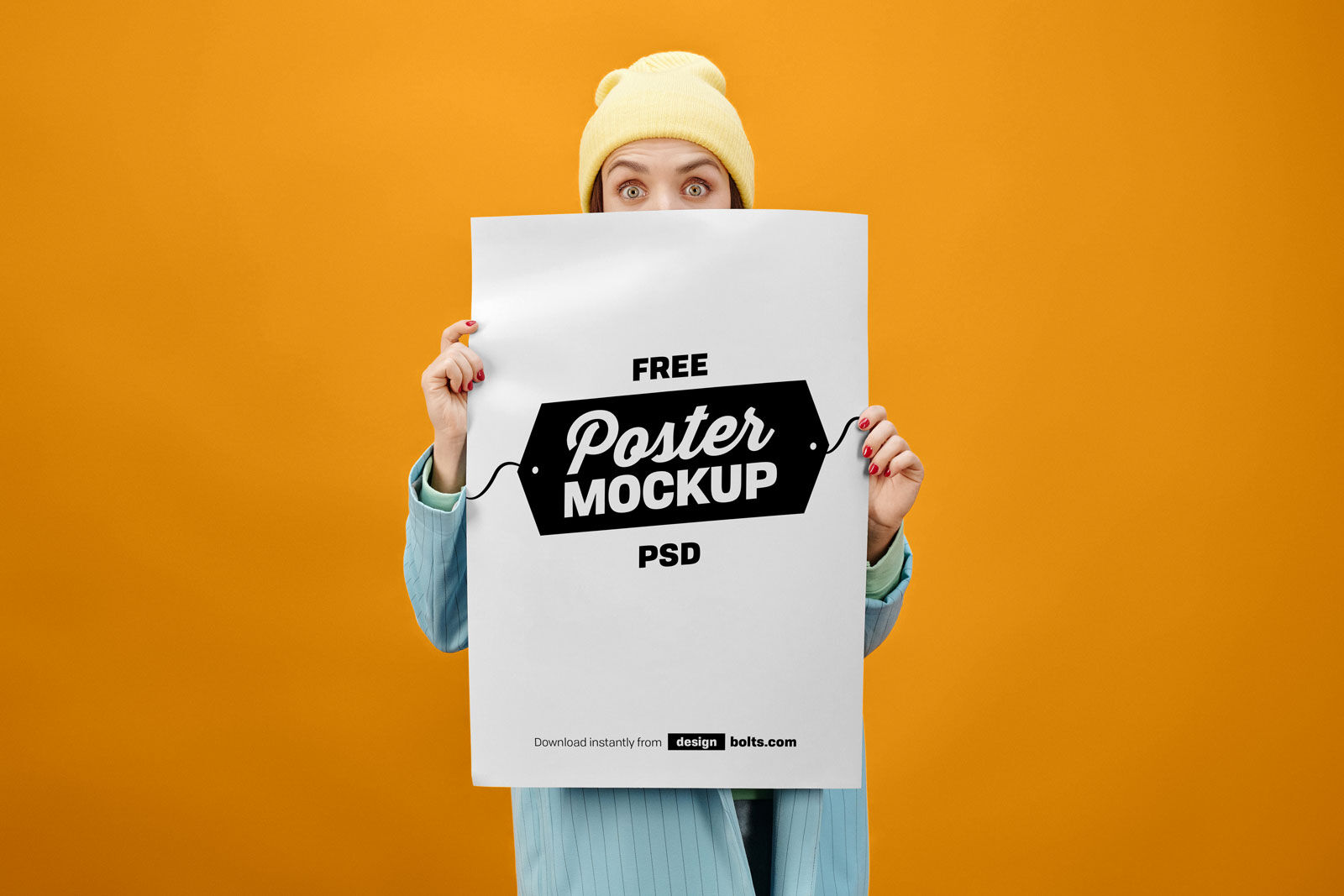 Front View of Female Holding Huge Poster Mockup FREE PSD