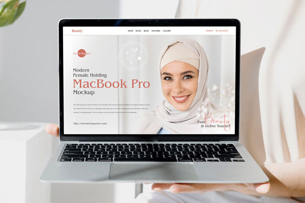 Front View of Female Holding MacBook Pro Mockup
