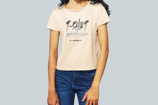 Front View of Girl Wearing T Shirt Mockup