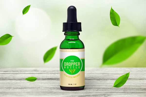 Front View of Glass Dropper Bottle on Wooden Surface Mockup
