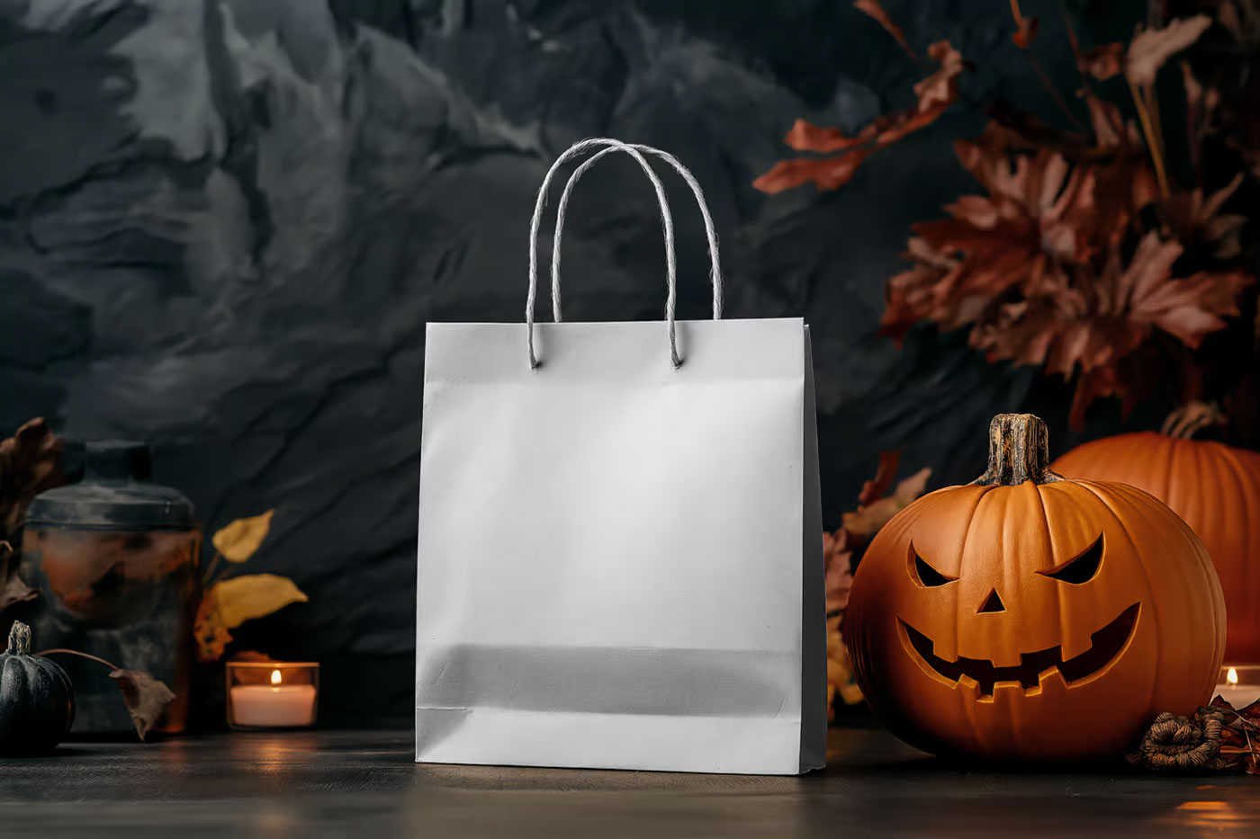 Free Front View of Halloween Paper Bag Mockup PSD Template