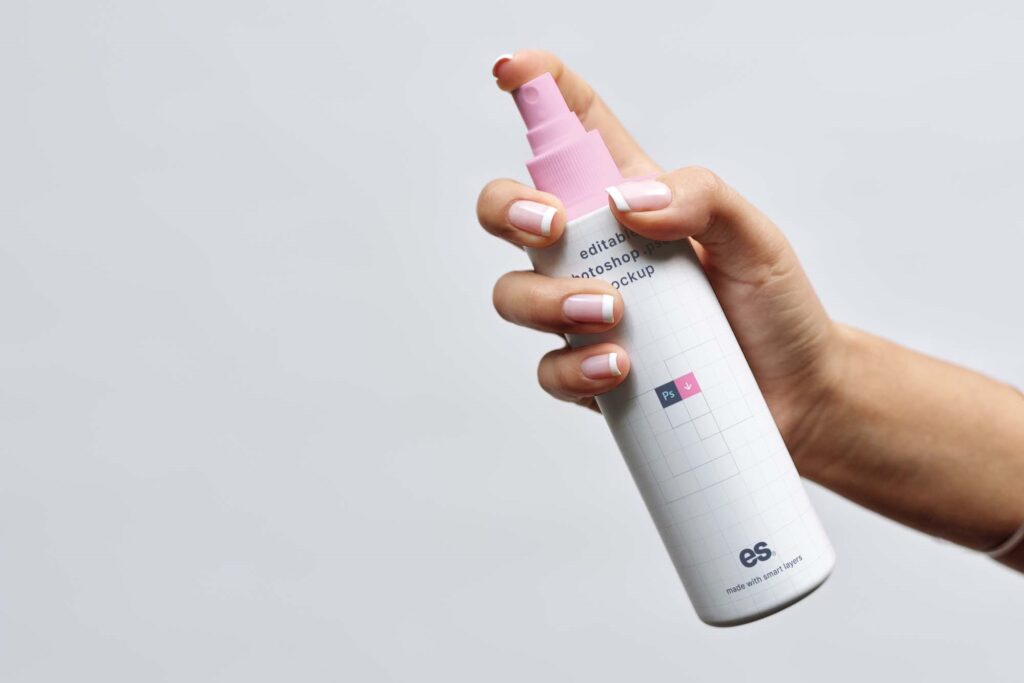 Front View of Hand Holding Lean Spray Bottle Mockup