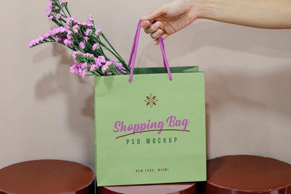 Front View of Hand Holding Paper Shopping Bag Mockup