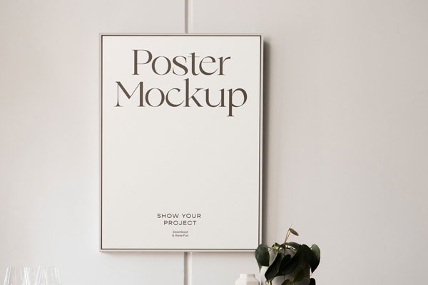 Front View of Hanged Vertical Poster Mockup in Dining Room