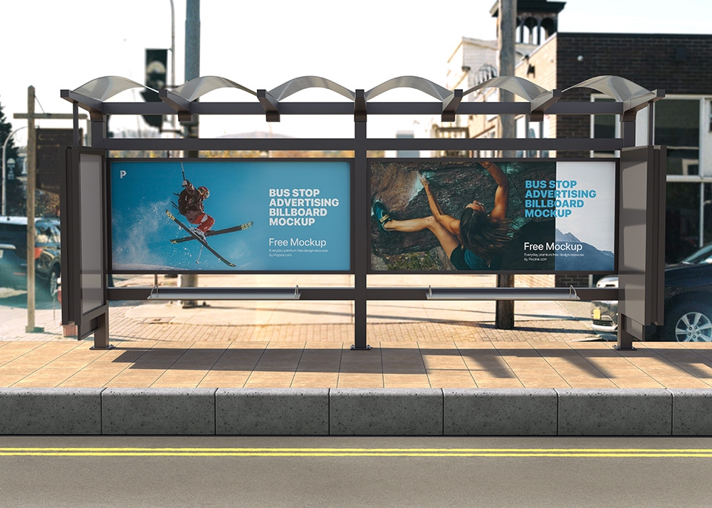 Front View of Horizontal Bus Stop Advertising Billboard Mockup