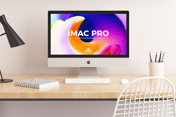 Front View of iMac Pro on Wooden Table Mockup