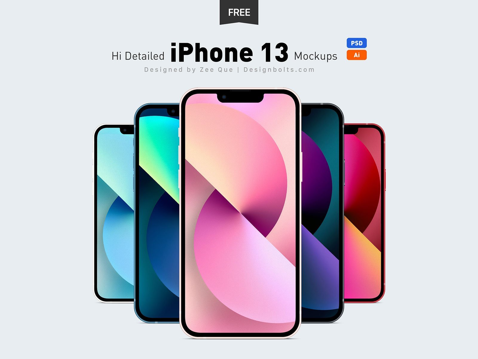 Front View of iPhone 13, iPhone 13 Pro, Max & Mini Ai & Mockups Set FREE PSD