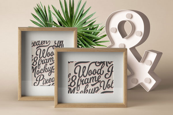 Front View of Landscape and Portrait Standing Wooden Frames Mockup