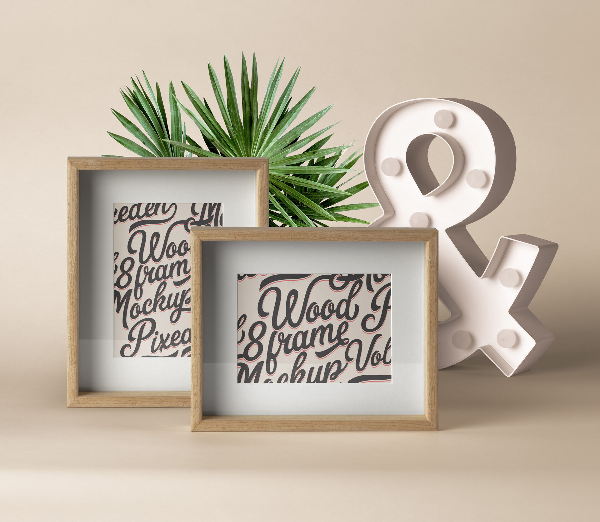 Front View of Landscape and Portrait Standing Wooden Frames Mockup FREE PSD