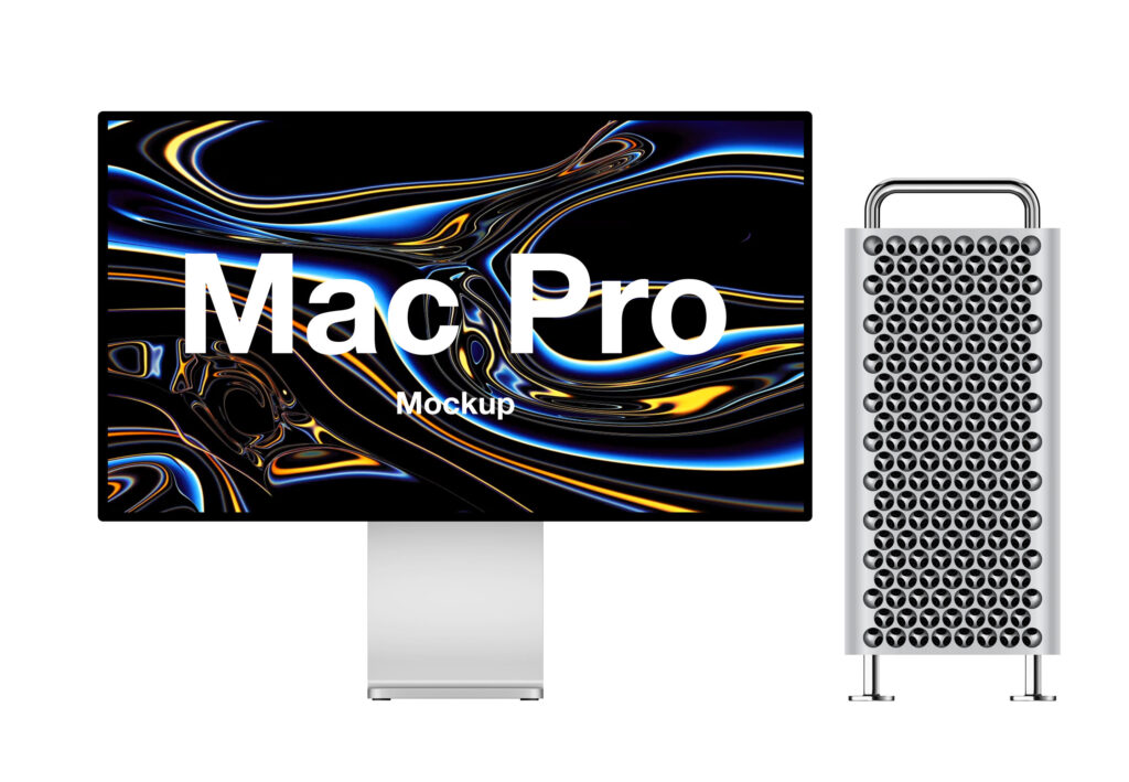 Front View of Mac Pro next to its Case Mockup