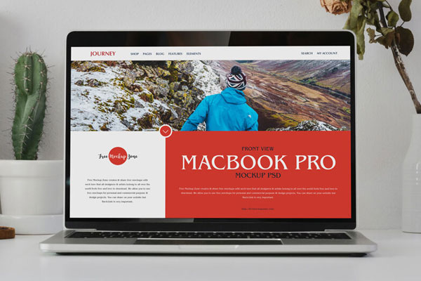 Front View of MacBook Pro on Table Surrounded by Vases Mockup