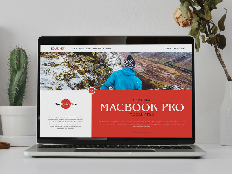Front View of MacBook Pro on Table Surrounded by Vases Mockup