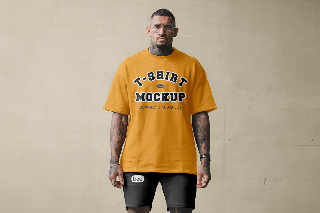 Front View of Man Wearing Oversize T-Shirt and Shorts Mockup