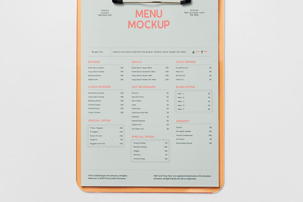 Front View of Menu Clipboard Mockup