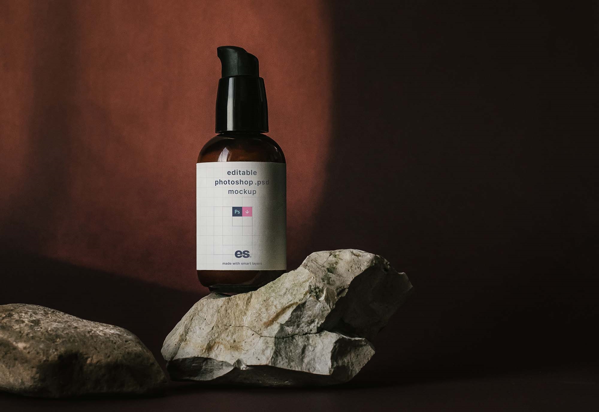 Front View of Mini Foam Pump Bottle Mockup above Real Rocks FREE PSD
