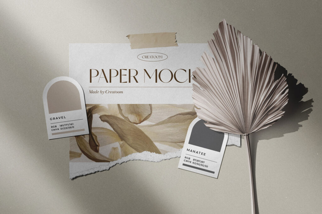 Front View of Mood board Paper Mockup with Dry Palm Branch
