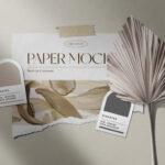 Front View of Mood board Paper Mockup with Dry Palm Branch
