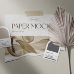 Front View of Mood board Paper Mockup with Dry Palm Branch