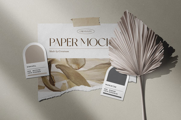 Front View of Mood board Paper Mockup with Dry Palm Branch