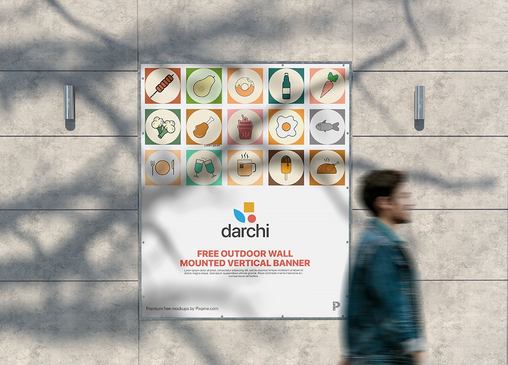 Front View of Outdoor Wall Mounted Vertical Banner Mockup