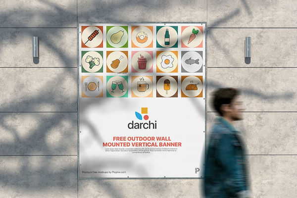 Front View of Outdoor Wall Mounted Vertical Banner Mockup