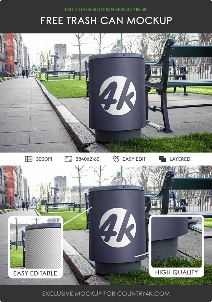 Front View of Park-style Trash Can Mockup