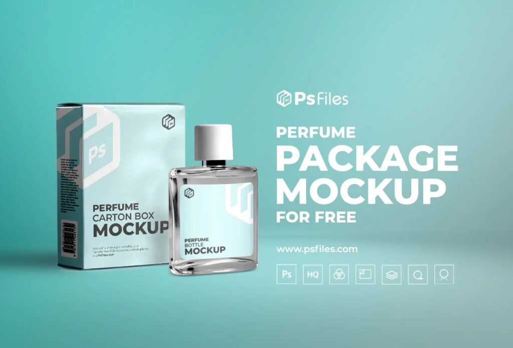 Front View of Perfume Bottle and Packaging Box Mockup