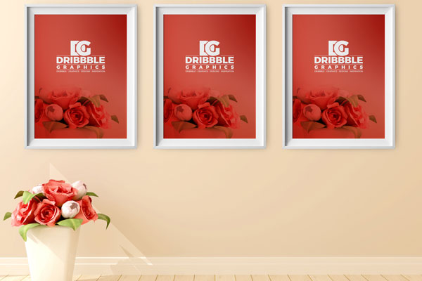 Front View of Poster Frame Mockup with Beautiful Flowers Background