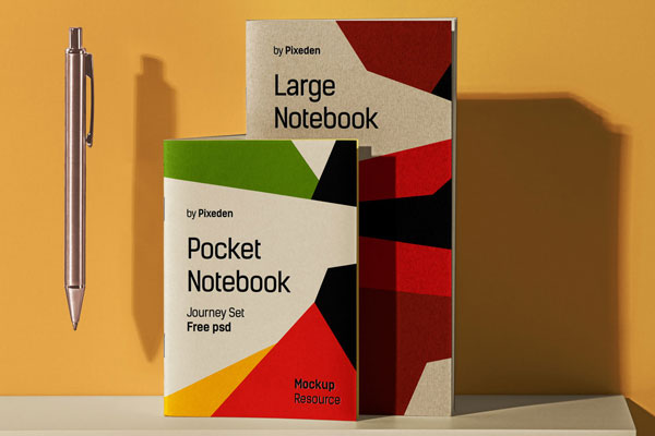 Front View of Presentation Notebook Mockup Set Featuring Pen
