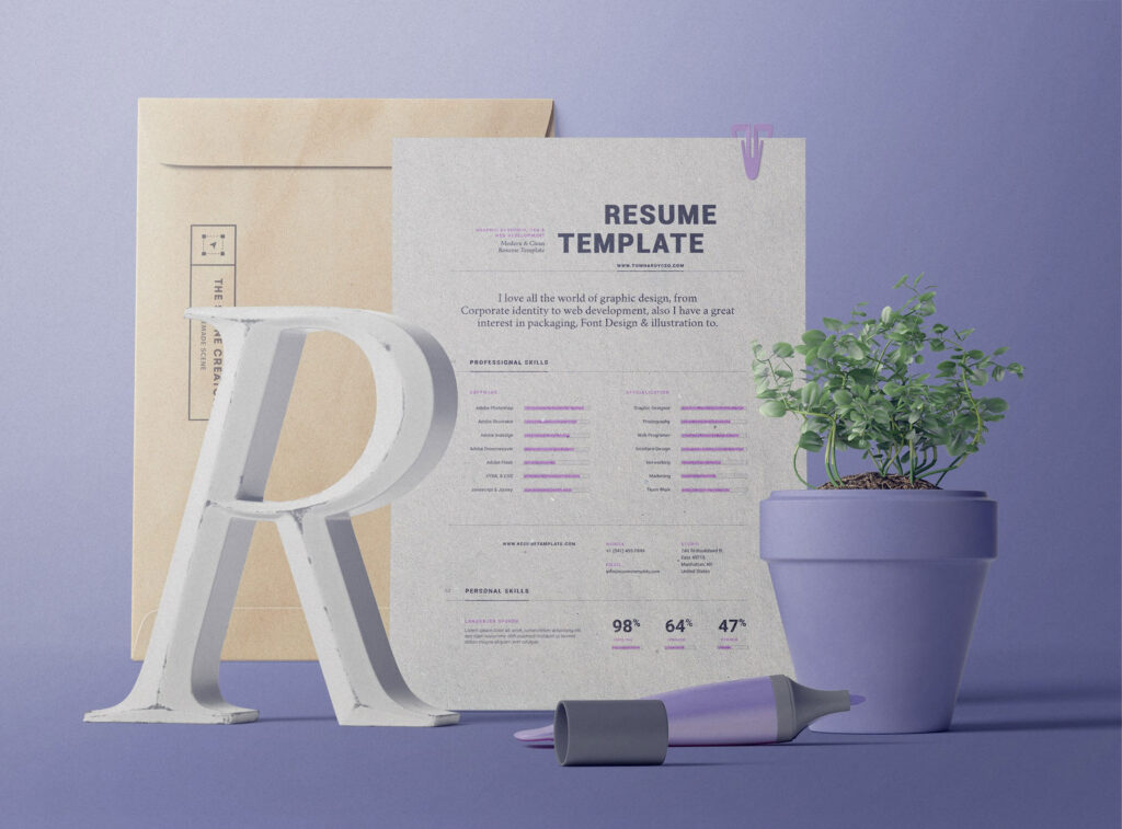 Front View of Resume Paper Mockup and Folder