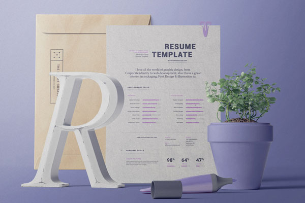 Front View of Resume Paper Mockup and Folder