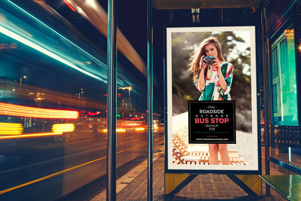 Front View of Roadside Outdoor Bus Stop Billboard Mockup
