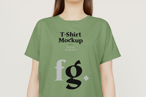 Front View of Round Neck T-shirt Mockup on Standing Woman