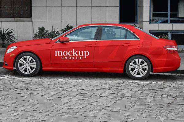 Front View of Sedan Car Mockup in Urban Setting