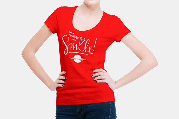 Front View of Smiling Woman Wearing V Shape T-Shirt Mockup
