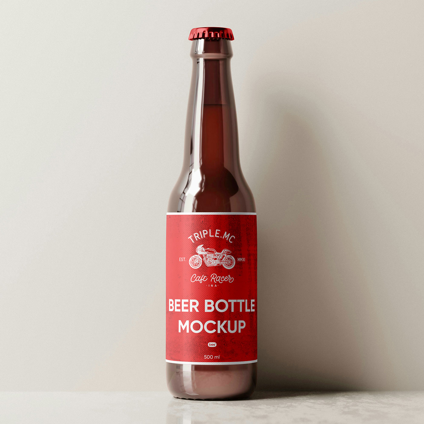 Free Front View of Standing Beer Bottle Mockup with Shadow PSD Template
